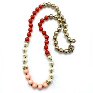 Vintage J. Crew Coral, Peach & Pearl Bead Necklace with Gold-Tone Accents